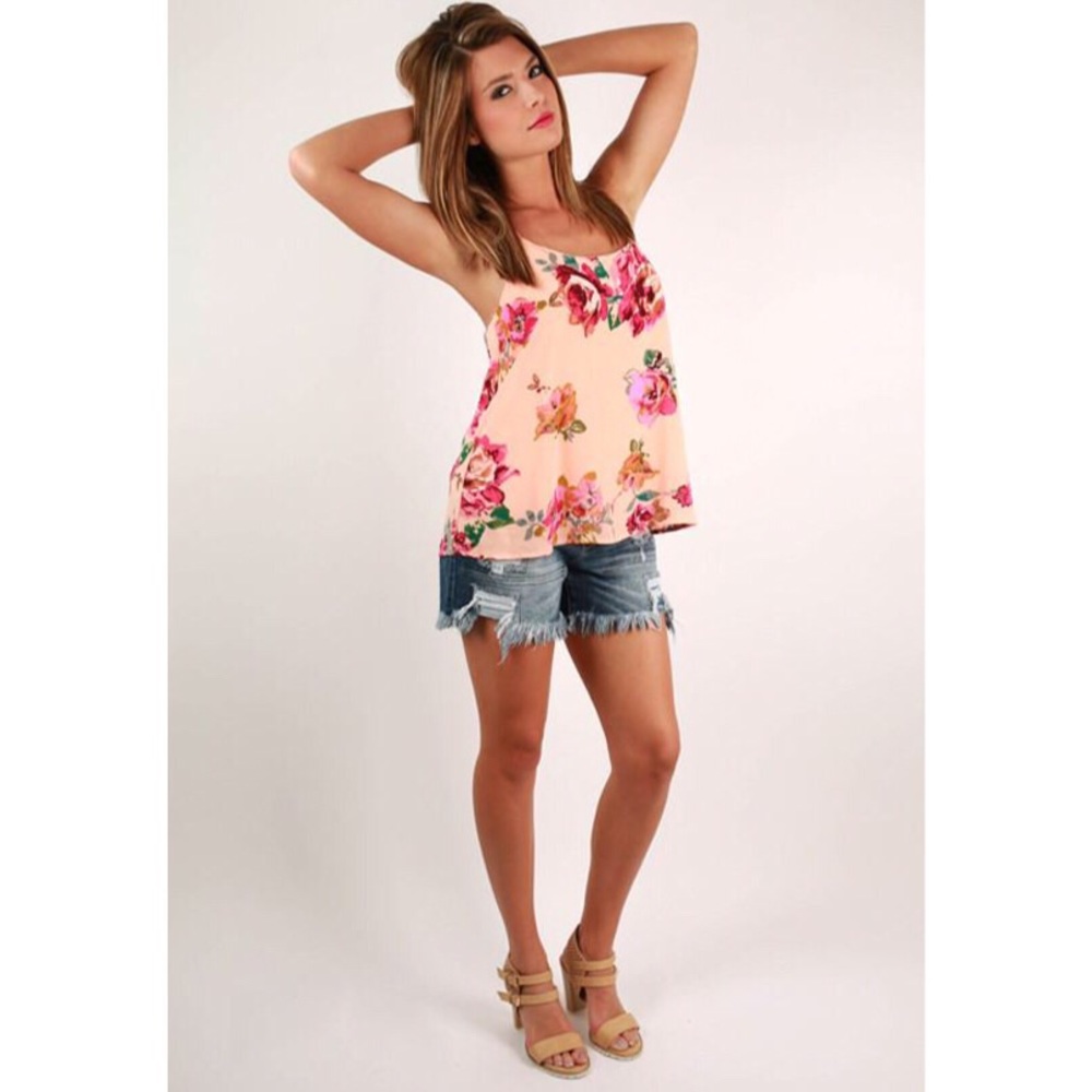 Everly SIZE Small Peach Floral Racerback Summer Tank Top - Picture 2 of 8